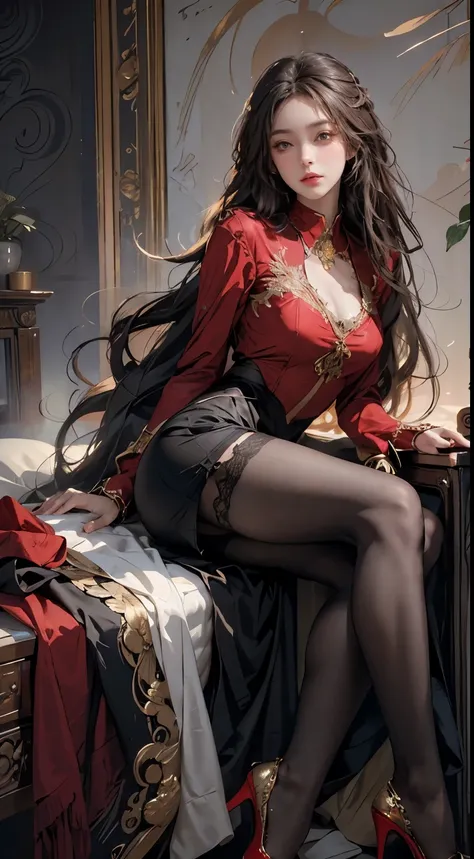 ((Masterpiece, Highest quality)), Detailed face, CharacterDesignSheet,full bodyesbian, Full of details, Multiple poses and expressions, Highly detailed, Depth, Many parts,beuaty girl,cinmatic lighting,with light glowing,Red and gold,Phoenix decoration,ligh...