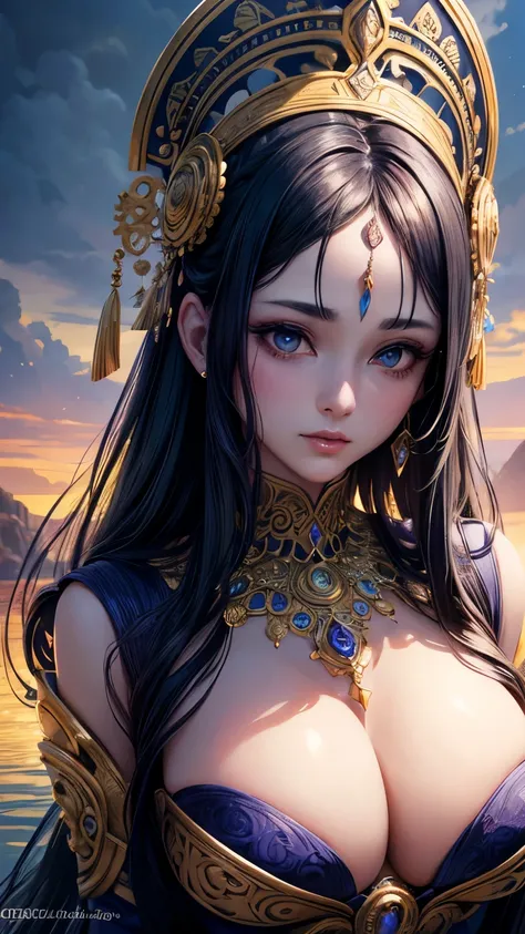 Mysterious goddess, woman in her 20s, beautiful large detailed eyes, beautiful detailed lips, mysterious and graceful pose, floating in a surrealistic landscape, glowing aura, ornate headdress, flowing robes, dramatic lighting, vibrant colors, (top quality...