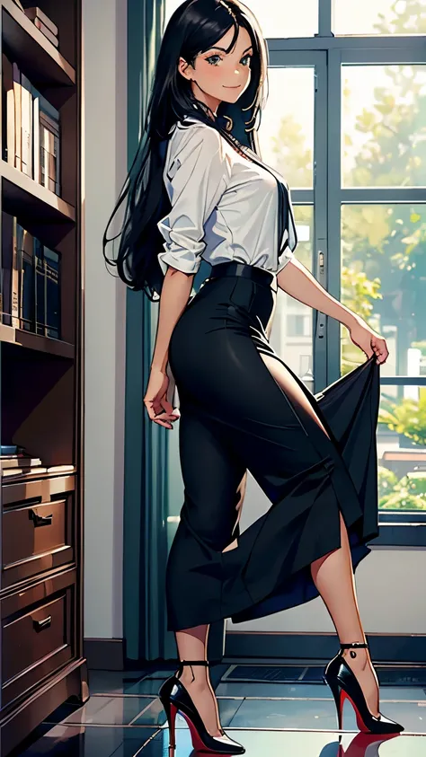    ((masterpiece, high resolution, better quality, better details)), ((Smiling)), ((one girl)) a girl organizing documents on a bookshelf, full body, wearing a maxi skirt, long skirt, ((long skirt without openings)), paired with a tucked-in blouse, ((Loubo...