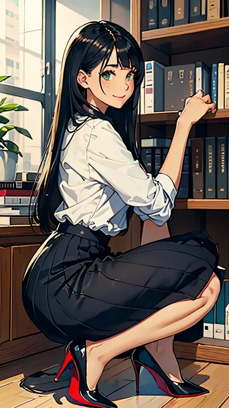    ((masterpiece, high resolution, better quality, better details)), ((Smiling)), ((one girl)) a girl organizing documents on a bookshelf, full body, wearing a maxi skirt, long skirt, ((long skirt without openings)), paired with a tucked-in blouse, ((Loubo...