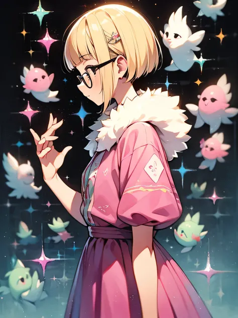 sideview+,,solo,(upperbody),blonde pixie cut,undercut,(blunt bangs),black eyes,glasses, a material girl, standing on a stairs, (in a pink dress with white fur),like a painting, watercolor painting style, The Art of Mathematics, Official Art, Masterpiece, b...