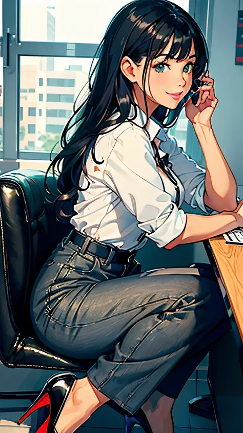 ((masterpiece, high resolution, better quality, better details)), ((Smiling)), ((one girl)) a girl speaking on the phone at a desk, full body, wearing a button-up blouse and wide-leg trousers, ((Louboutin high heels)), green eyes, ((black hair, long hair))...