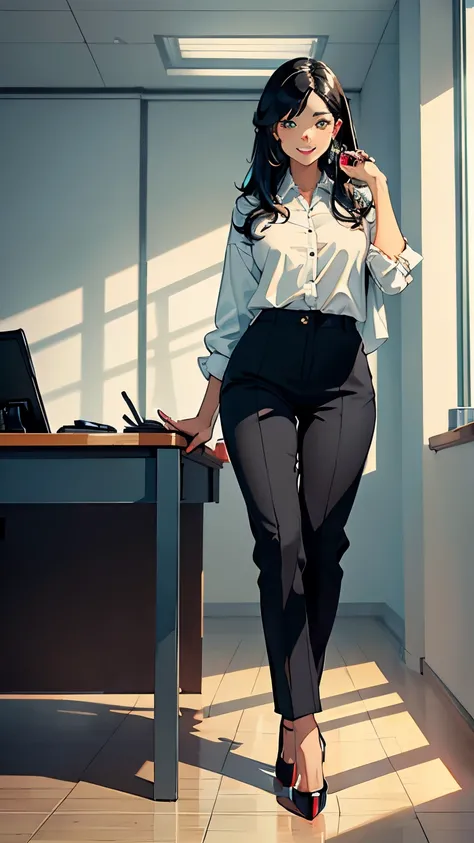 ((masterpiece, high resolution, better quality, better details)), ((Smiling)), ((one girl)) a girl speaking on the phone at a desk, full body, wearing a button-up blouse and wide-leg trousers, ((Louboutin high heels)), green eyes, ((black hair, long hair))...