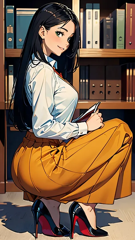    ((masterpiece, high resolution, better quality, better details)), ((Smiling)), ((one girl)) a girl organizing documents on a bookshelf, full body, wearing a maxi skirt, long skirt, ((long skirt without openings)), paired with a tucked-in blouse, ((Loubo...