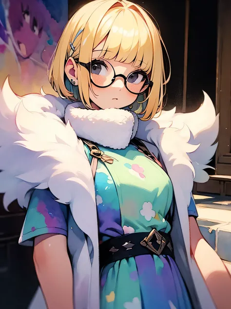 solo,(upperbody),blonde pixie cut,undercut,(blunt bangs),black eyes,glasses, a material girl, standing on a stairs, (in a pastel purple dress with white fur),like a painting, watercolor painting style, The Art of Mathematics, Official Art, Masterpiece, bea...