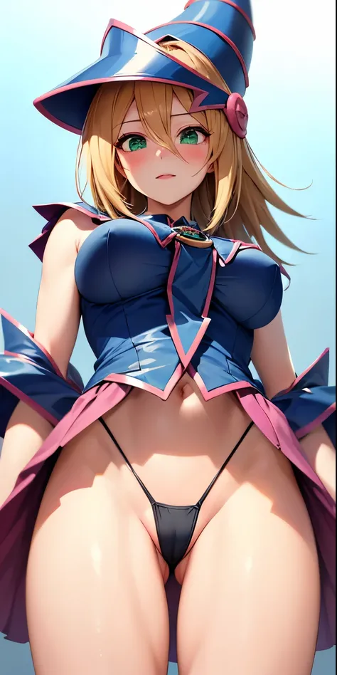 1 Female,High definition,high resolution,Ultra-realistic,8KMagicianAi, hat, blue headwear, wizard hat, dark magician girl, duel monster,blush stickers, blonde hair, green eyes, long hair, breasts, blush, bangs, hair between eyes,black thong,European,sexy,U...