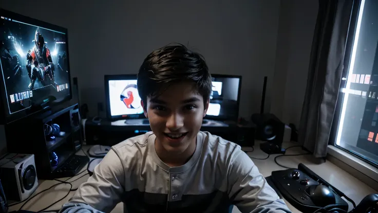 Close-up of a young gamer in his room ,  with LED lights and his gaming setup ready .  He is excited while playing on his computer.