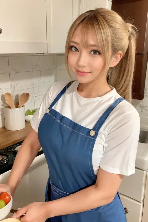 A young woman in a cozy kitchen, dressed in a casual yet stylish apron over a light-colored blouse and skirt, is cooking at the counter. She is holding a wooden spoon in one hand and has just turned her head to look back with a warm and inviting smile. The...