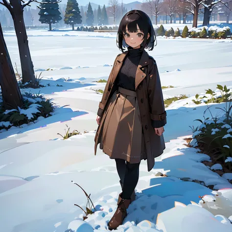 ( High Quality ,  high definition , Very detailed, reality:1.37), Peaceful atmosphere, (Outdoor, garden ,snow),  teenage girl standing alone, Beautiful details,  cute smile, (Black Bob), Ribbed sweater,Brown skirt, Black tights,  brown boots .