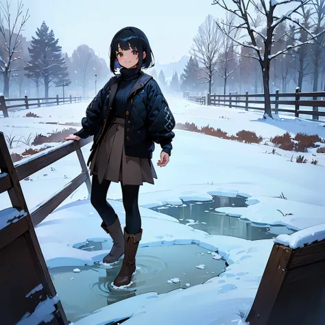 ( High Quality ,  high definition , Very detailed, reality:1.37), Peaceful atmosphere, (Outdoor, garden ,snow),  teenage girl standing alone, Beautiful details,  cute smile, (Black Bob), Ribbed sweater,Brown skirt, Black tights,  brown boots .