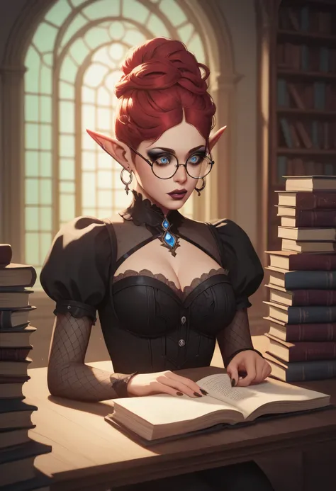 woman with long red hair, beautiful young face, bangs, goth eyeshadow, red long wavy hair, plump body, plus size, elf, blue eyes, round glasses, in a gothic library background, gothic dress, soft stare, astral magic, gold earrings, sitting at a table, read...