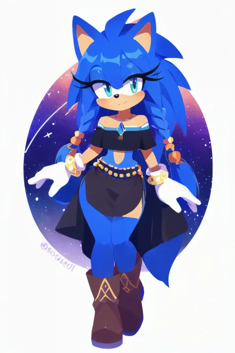 Sonic oc, Mobian, female, Cosmic hedgehog, A beautiful light blue hedgehog, purplish blue eyes, very long hair/quills, braided and beaded long hair bangs, long streaks of hair on each side of her face, (star constellation on hair, beads on hair, smooth fur...