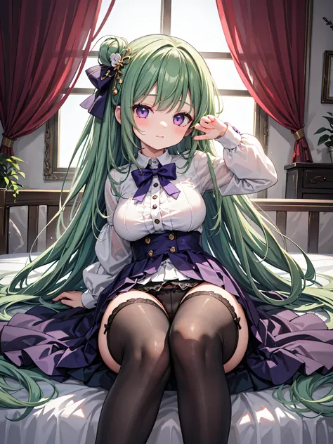 Highly detailed, high quality, masterpiece, beautiful, (all photo shooting), girl student girl, perfect eyes, purple eyes, clear eyes, happy face, sitting sleeping, big thighs, medium breast, long hair, green hair, with bow in hair, idol singer outfit, wit...