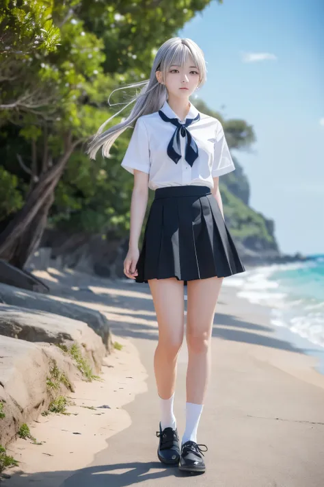 ((masterpiece)), (( top quality)), (( high definition )), (( highly detailed CG Unity 8K wallpaper )), Alone,  Tachibana Kanade ,  Promenade near Tan School Uniform,  black skirt ,  holding white socks ,  outdoor, face,  Beach , hanging hair, Parting,  Sil...