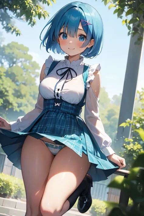 8k、Typhoon day、garden、REM(Rem、Rizero)、Rem(Rizero)、Rem(Rizero)Hair color and hairstyle (Hair hides left eye )、 short bob hair 、blush、smile、I cosplayed as a high school girl( white shirt、 blue and green plaid skirt)、 miniskirt、 very big breasts、 white pantie...