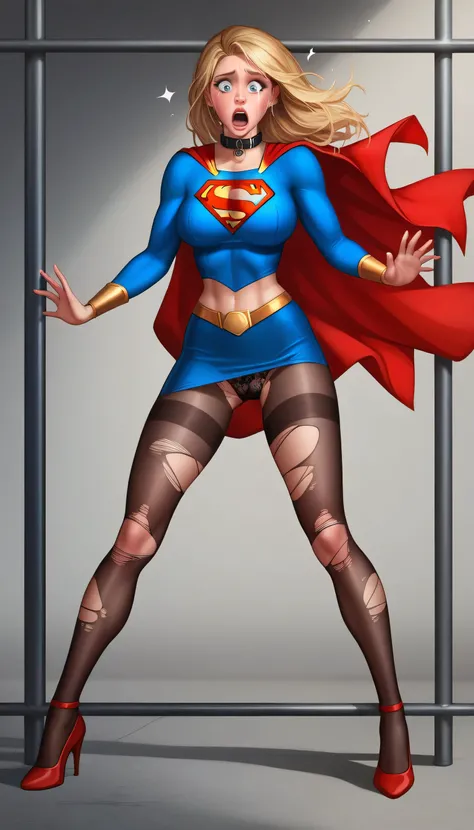 An extremely sexy blond haired woman with a thin waist and large breasts looks up to the sky and rips the shirt off her business suit to reveal the SUPERGIRL costume ripped shirt, tight clothes, lap, looking shocked ,  surprised expression , expression of ...