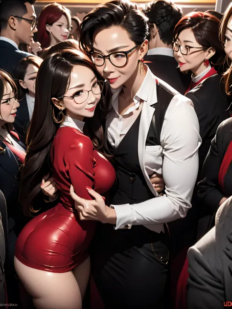 A beautiful woman wearing a revealing skirt suit, her elderly husband hugged and kissed her from behind in the crowded crowd, UHD, masterpiece, textured skin, super detail, best quality, 8k.