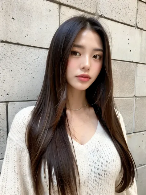 top quality, beautiful women , 28 years old, S, 35mm Lens, debt/1, cowboy shot, concrete background 、Tile Background、 red knitwear 、 light brown ,from below、 straight hair、 straight hair、 shiny hair , silky hair、 full body photo、 center part
