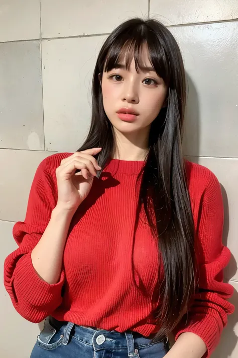  top quality,   beautiful woman wrapped in a beech  , 28 years old, S, 35mm Lens, debt/1,  cowboy shot,   concrete background 、Tile Background、 red knitwear 、 light brown ,debtrom below、  straight hair、  straight hair、  shiny hair ,  silky hair、Thick bangs...