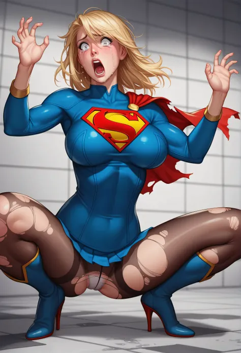 lap, looking shocked ,  surprised expression , expression of pain, ( SUPERGIRL wearing torn lace tights, usando stilettoshigh heels), Digitigrad , SUPERGIRL is in prison with bars ,  Torn clothes, breasts, large breasts, , to break (por zackary911, por bra...