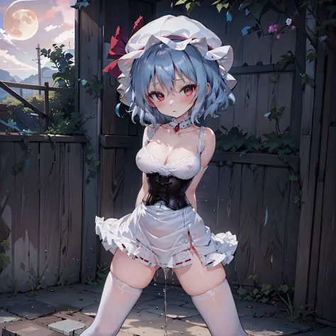 (Remilia toho character standing on the deck of mansion:1.3), (solo), skinny, a full moon, midnight, BREAK, short hair, collarbone, (emphasize small very perky breasts:1.5), (emphasize cleavage:1.5), (inconceivably thin narrow waist:1.3), (very short skinn...