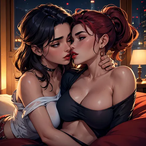 Amazing portrait of a woman who is 30 years old and an adult and a sexy woman wearing an off shoulder oversized t shirt during night time with soft lighting showcasing her red lips as she kisses and makes out with a shirtless boy on bed