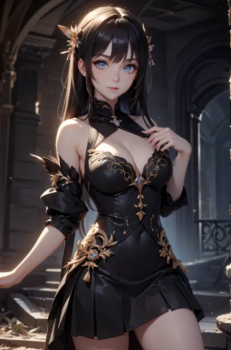 ((best quality)), (( Masterpiece)), (detailed), (4k), (8K), 1girl, Beautiful anime girl,  beautiful face ,  shiny skin and face , make-up,  smiling,  big, aesthetic eyes , ( bright eyes ),  intimidating look, aesthetic hands,  detailed hair , dark dress, m...