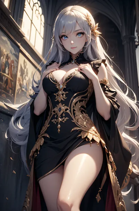 ((best quality)), (( Masterpiece)), (detailed), (4k), (8K), 1girl, Beautiful anime girl,  beautiful face ,  shiny skin and face , make-up,  smiling,  big, aesthetic eyes , ( bright eyes ),  intimidating look, aesthetic hands,  detailed hair , dark dress, m...