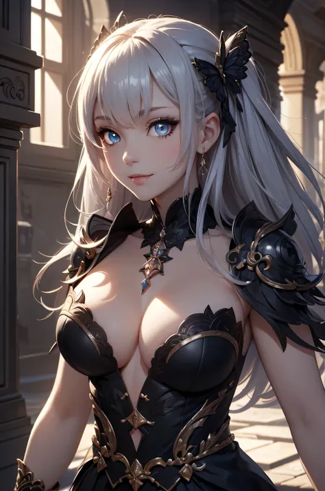 ((best quality)), (( Masterpiece)), (detailed), (4k), (8K), 1girl, Beautiful anime girl,  beautiful face ,  shiny skin and face , make-up,  smiling,  big, aesthetic eyes , ( bright eyes ),  intimidating look, aesthetic hands,  detailed hair , dark dress, m...