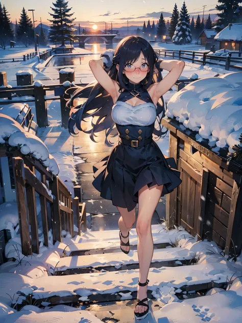 anime - style illustration of a woman in a christmas Santa costume:1.5, anime character, official character art, feminine, full body, female anime girl, Posing:1.5, parted bangs, glasses, (tanned:1.0), hopping step:1.5, looking at viewer, smile:1.5, in the...