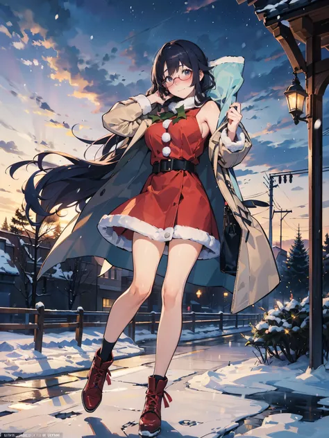 anime - style illustration of a woman in a christmas Santa costume:1.5, long white duffle coat, anime character, official character art, feminine, full body, female anime girl, Posing:1.5, parted bangs, glasses, (tanned:1.0), hopping step:1.5, looking at v...