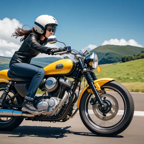 (A young female rider speeds along on a motorcycle)、Vintage Bikes、Bluff Superior SS100、Isle of Man Races、Leather jumper、Cromwell helmet with goggles、After the Rain、English countryside、(Highest quality, masterpiece, High resolution)、8k、wallpaper