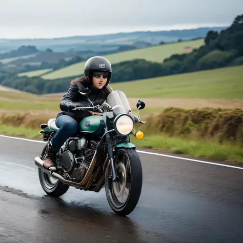 (A young female rider speeds along on a motorcycle)、Vintage Bikes、Bluff Superior SS100、Isle of Man Races、Leather jumper、Cromwell helmet with goggles、After the Rain、English countryside、(Highest quality, masterpiece, High resolution)、8k、wallpaper