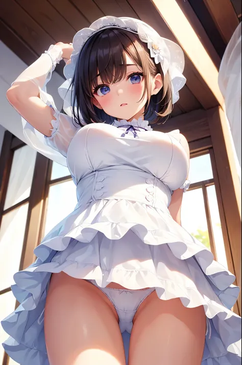 (((white panties peeking out from below)))、 Cute Hairstyle 、 short hair、 beautiful girl, Big Breasts,   top quality, masterpiece, 8k,  Ultra A High Resolution,  beautiful face、 symmetrical eyes, ribbon, frills,  place your arms behind your back,  Embarrass...