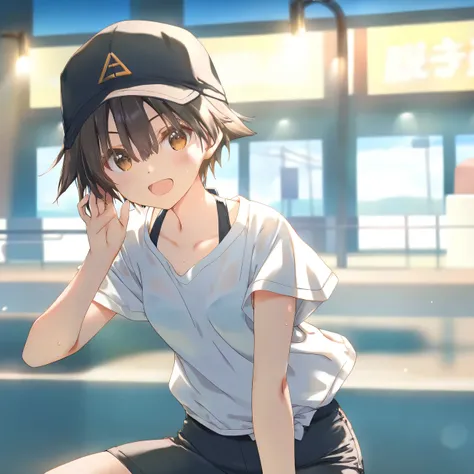 1girl, little female, tomboy, flat chest, sweat, shorts,beautiful detailed eyes,open mouth,baseball_cap, outdoors, wind,  game CG, break,(artist:mitsumi_misato),artist:fujiyama,artist:kokonoka,artist:aquaplus, break,(masterpiece), (best quality), (ultra-de...