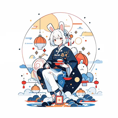 （A rabbit：1.4）, sat on the ground, Looking up, Mid-Autumn Festival atmosphere, sweet osmanthus，Meniscus，Moon cake，（Chinese kanji：1.3），Traditional Chinese illustration style, Digital art, Simple background, Masterpiece on white background, （Amy Sol style），L...