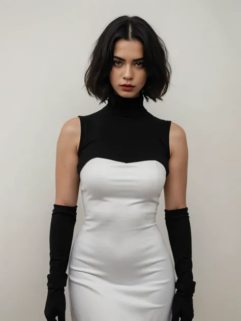 Best quality, masterpiece, ultra high res, (photorealistic:1.5), raw photo, 1 mature Ancient Egyptian girl, (((black sleeveless turtleneck dress with upper arm length black gloves))), wide shoulders, in the dark, deep shadow, low key, cold light, sexy look...