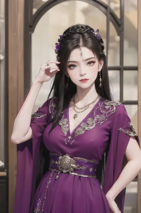 best quality, masterpiece, highres, official art, extremely detailed cg unity 8k wallpaper, 1girl, long hair, jewelry, hair ornament, realistic, shes wearing a beautiful dress in purple color, (((purple top and purple dress))), (((dark purple))), necklace,...