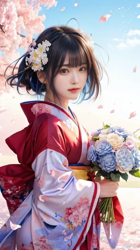  anime girl  with blue eyes and a red kimono holding flowers,  more beautiful than Kira portrait,   anime Moe art style , beautiful  anime girl ,  anime girl auto  , Anime Style 4k,  more beautiful than Kira style,  more beautiful than Kira, young  anime g...