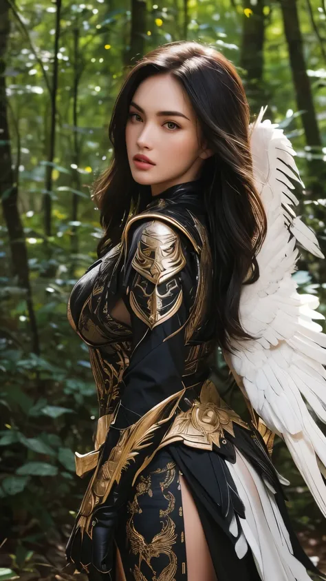 A stunning and ultra-realistic depiction of a woman resembling Megan Fox, wearing a unique ninja outfit intricately mixed with eagle-inspired elements. The outfit features sleek, dark, and elegant ninja armor combined with feather-like details, golden acce...