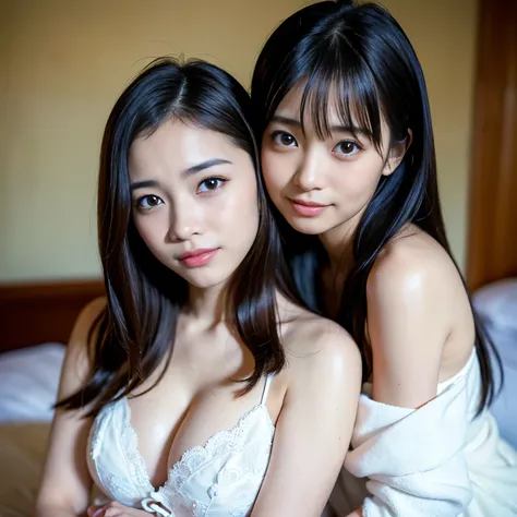 (Best-quality, Masterpiece, Ultra-High-Resolution, (Photorealistic:1.4), Raw Photo, depth of field, professional lighting), ((lesbian-couple of 15-years-old Japanese-idol and 35-years-old Japanese-actress)), in bedroom, (((innocent smiles))), (extremely re...