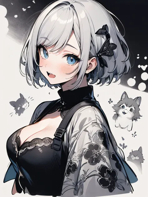 (sideview),kissing face,open mouth, local:1.2), one girl , blue eyes,BIG FULL BREASTS Grab 、  cleavage、(stand by sex),  Closed Mouth , eyelash ,looking at viewer, portrait,Alone, upper body,Gray Hair, White Theme , short hair, Silver Hair,Detailed depictio...