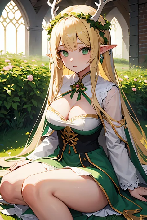 Young Woman, Flowery Antlers, Elf Ears, Long Messy Blonde Hair, Vibrant Green Eyes, White Prayer Vestments, Slight Cleavage, Garden