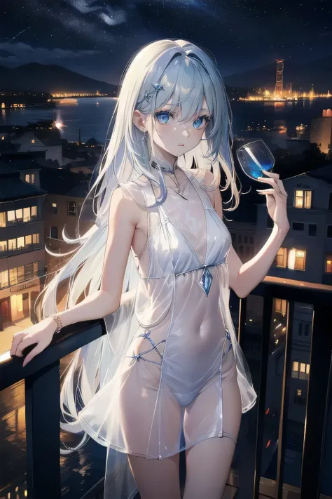 (masterpiece), (best quality), ultra detailed, finely detailed color, cenematic painting, bishoujo, ((one lady)), teenager, cute face, white hair, absurdly long hair, straight hair, ((deep blue eyes:1.5)), holding glass, party dress, skiny clothes, sleevel...