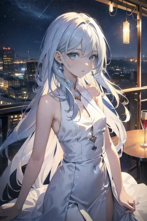 (masterpiece), (best quality), ultra detailed, finely detailed color, cenematic painting, bishoujo, ((one lady)), teenager, cute face, white hair, absurdly long hair, straight hair, ((deep blue eyes:1.5)), holding glass, party dress, skiny clothes, sleevel...