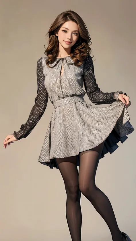 ((masterpiece)),((( top quality))), thin thighs , long legs ,whole body:1.5，( One Girl :1.3),( wear black pantyhose and high heels：1.3),(Wear a polka dot skirt dress :1.2),Brown hair and curly hair :1.2、Beautiful smile:1.5，Dynamic pose:1.2