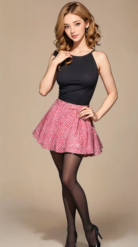 (((   top quality))),   thin thighs ， long legs ，(  One Girl :1.3),(Im wearing a long flared skirt dress with black pantyhose and high heels ：1.3),( Polka Dot Mini Skirt Dress :1.2),  Wear Blonde and Curly  :1.2、  beautiful smile:1.5， forward leaning posit...