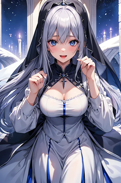 8k resolution,(( top quality)), super high resolution ,Adult female, Alone,  sexy, ( gentle smile), ( blue eyes),  beautiful symmetrical face , (long silvery curled hair),Priests ceremonial dress, Long Skirt, realistic :1.4, realistic :1.4,(  Masterpiece  ...