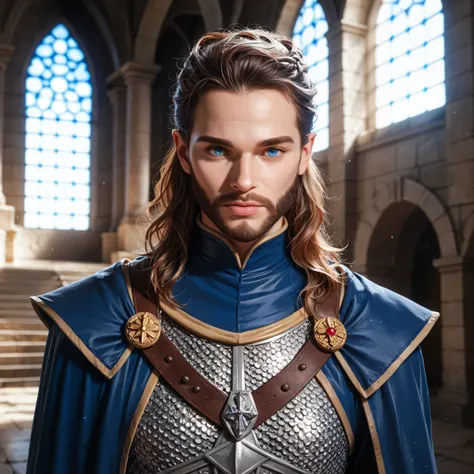 Portrait of a (male) human cleric, front view, (medium shot:1.3), one person standing, tall and athletic build, long dark blond hair and beard
BREAK
dark blue eyes
BREAK
light tan skin
BREAK
wearing fantasy world costume of (white:1.5) and (blue:1.25) vest...