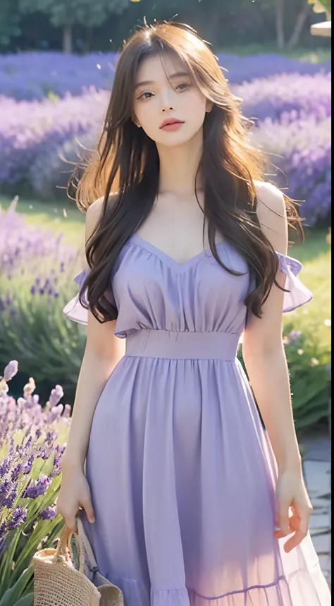 (hyperrealistic), (8K), 1 young girl, (beautiful detailed eyes), (beautiful detailed lips), (extremely detailed face), (long eyelashes), (soft smooth skin), (Supermodel body), (supermodel measurements), (wear Flowery dress), (in the lavender field), (stand...